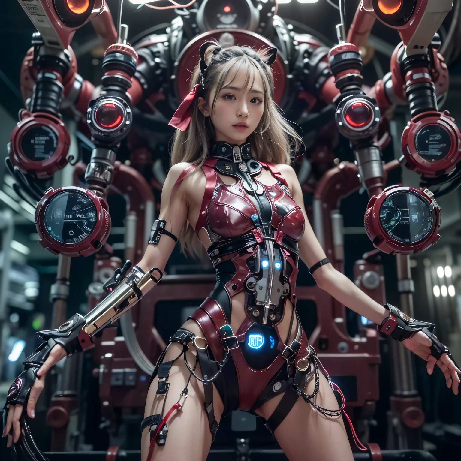 (Mechanical Girl)、(Mystical expression)、top-quality、masterpiece、ultra high resolution、(Photorealsitic:1.4)、Raw photo、glowy skin、(((Mechanical Girl)))、(mechanical Bodysuit)、(Small LED)、((ultra realistic details)) ,globalillumination、Shadow、octan render、8K、ultrasharp、Colossal tits、Raw skin exposed in the cleavage, Details of complex ornaments、Japan details、highly intricate detail、Realistic light、CG Society Trenlow Eyes、Eyes shining towards the camera、Mechanical marginal blood vessels connected to neon detail tubes)、Small LED、,Mechanical thighs、Toostock、(Hands are also made of machines.traces on the cliff),