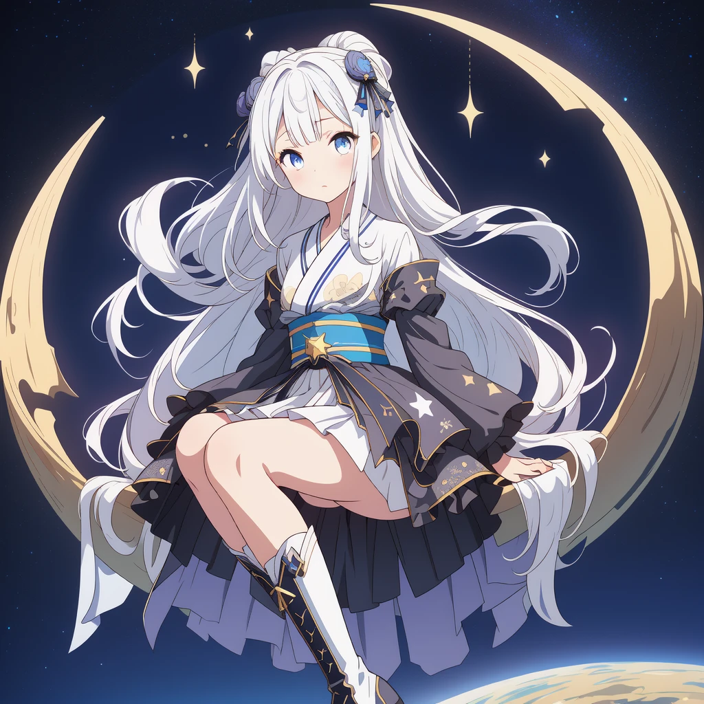 Star Fairy、(masterpiece, best quality), 1girl, sitting on the crescent moon、「A beautifully printed galaxy patterned kimono and gothic ta outfit.、Space pattern box pleated mini skirt with ruffles、Front view portrait、Knee-high boots、enchanting eyes、Perfect and stunning face、exquisite details、clear image、highest quality。」Milky white and light blue gradient long straight hair、
