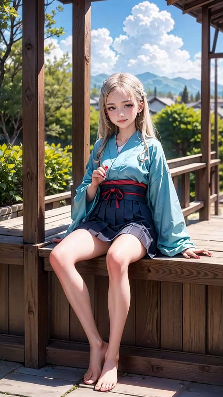 ((最high quality, 8K, masterpiece: 1.3, Ultra HD, high quality, 最high quality, High resolution, realism)) 、A 22-year-old extremely beautiful white woman、Her hair color is platinum blonde、blue eyeedium hair、straight hair、The hair is shiny、The skin is lustrous、smile、Slender but well-proportioned muscular body、Athlete-like body type、I don't want my head to disappear from the screen.、Wearing accessories on your wrist、Wearing red nail polish、I have a peticure、Sitting on the veranda of a Japanese house in the Japanese countryside、It's summer、A wind chime is hung in front of the eaves.、barefoot、There is a basket full of tomatoes and carrots on the veranda.、The basket is made of woven bamboo strips、A courtyard spreads out in front of the verandah.、There is a well with a hand pump in the courtyard.、wear a yukata、The blue sky is beautiful、Cumulus clouds appear、summer sunshine、anatomically correct((anatomically correct))、Ultra high definition((UHD))、textured skin((textured skin))、very detailed((super detail))、high detail((high details))、smile((smile))
