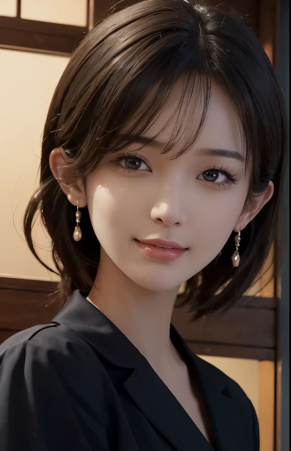 Masterpiece, 1 Beautiful Girl, Detailed, Swollen Eyes, Best Quality, Ultra High Resolution, (Reality: 1.4), Original Photo, 1Girl, Cinematic Lighting, Smiling, Japanese, Asian Beauty, Korean, Neat, Very Beautiful, Slightly Young Face, Beautiful Skin, Slender, Cyberpunk Background, (ultra realistic), (illustration), (high resolution), (8K), (very detailed), (best illustration), (beautifully detailed eyes), (super detailed), (wallpaper), (detailed face), viewer looking, fine details, detailed face, deep shadow, low key, pureerosfaceace_v1, smile, 46 point slanted bangs, facing straight ahead, neat clothes, black colored eyes,