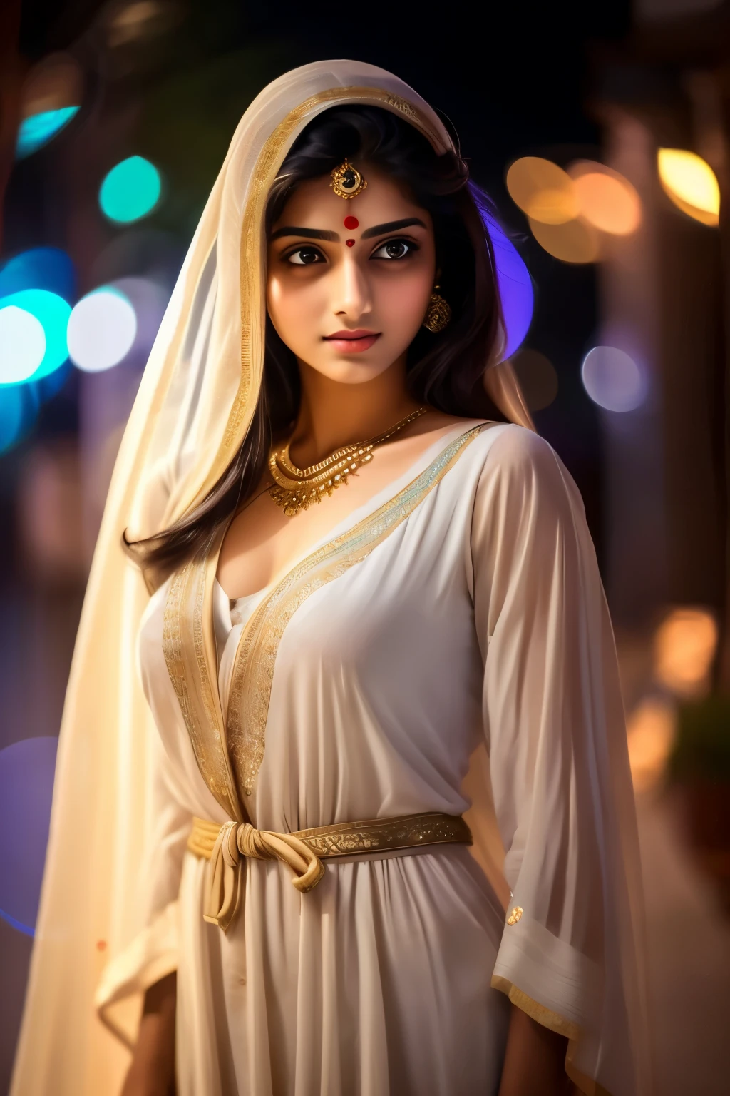 An Indian girl dressed in a Shalwar, an ethereal beauty, attractive feminine form, lovely figure, posing like a professional model, flirty facial expressions, amazingly beautiful, ultra high definition clarity, background bokeh, DSLR shot with a prime lens, romantic lighting