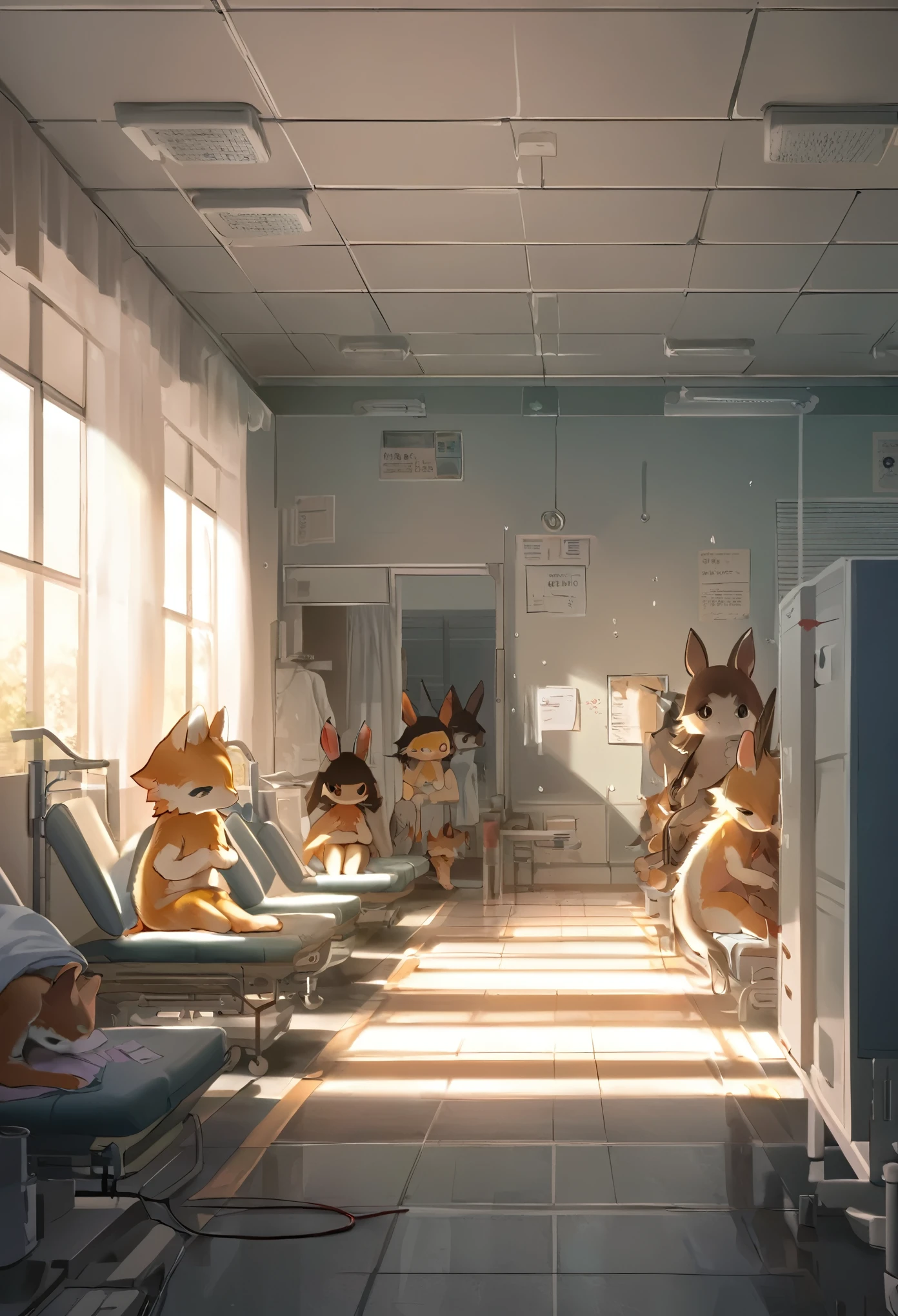 top quality, best quality, High-quality illustrations, masterpiece, super high resolution, detailed background, absurdres, perfect anatomy(kemono, furry anthro)Hospitals with power outages, Poor children who were imprisoned, 3+boys, 3+girls, good lighting, cinematic shadow,