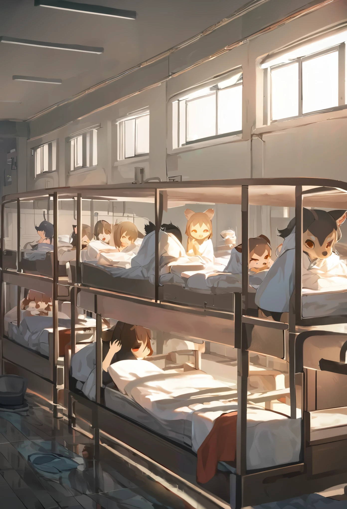 top quality, best quality, High-quality illustrations, masterpiece, super high resolution, detailed background, absurdres, perfect anatomy(kemono, furry anthro)Hospitals with power outages, Poor children who were imprisoned, 3+boys, 3+girls, good lighting, cinematic shadow,