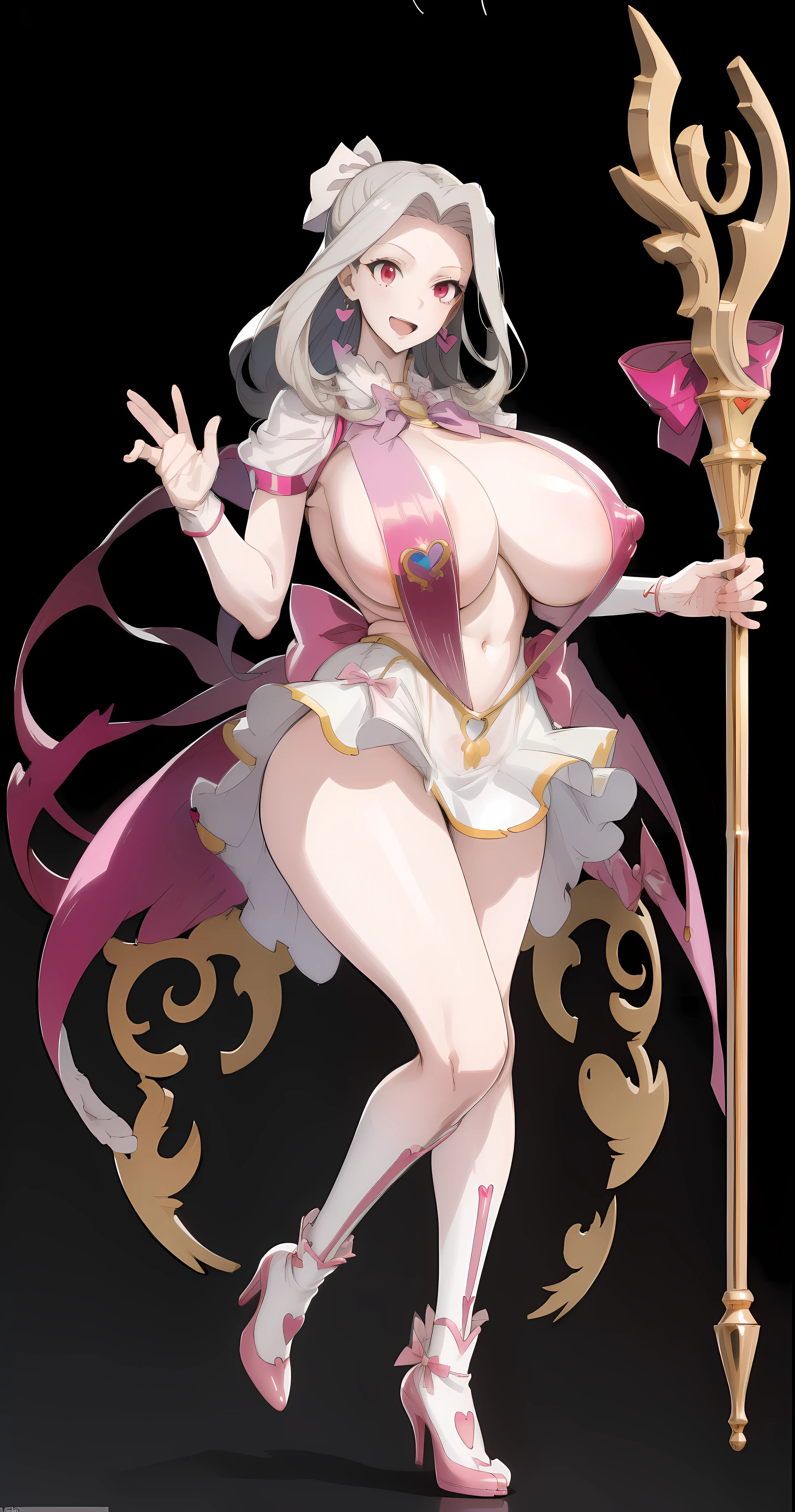1girl,(Irisviel von Einzbern),mature female,red eyes,solo,bangs,(gigantic_breasts:1.6),(hanging breasts:1.4),(magical_girl),white gloves,pink footwear,high heels,pink boots,pink bow,blue bow,bow,brooch,dress,standing,earrings,frilled dress,frills,gloves,hair bow,heart,jewelry,seductive smile,open mouth,holding staff,art style,best quality,amazing quality,very aesthetic,absurdres,anime,best quality,amazing quality,very aesthetic,absurdres,