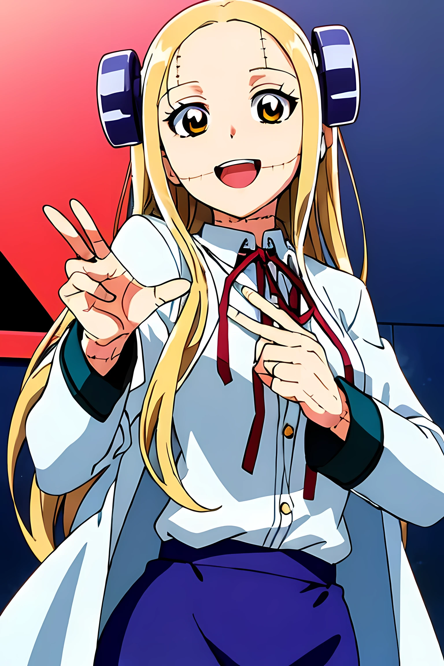 (highest quality:1.3),(ultra-become familiar with:1.5),High resolution,extremely become familiar with CG,unity 8k wallpaper,official art,become familiar with,super become familiar with skin,perfect anatomy,beautiful become familiar with eyes,(anime screenshot:1.11),very delicate and beautiful,(90s anime,90s anime style,cel shaded anime:1.17),1 girl,anmnr,
((madaraki_fran:1.52)),Light blonde long hair,brown eyes,((((wearing a white coat)))),stitch,body scars,creepy look,open mouth smile,Drooping eyes,