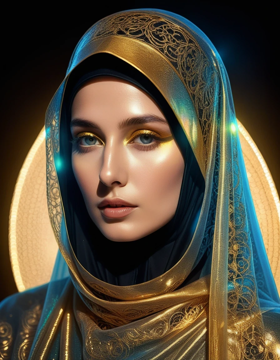 Nuns in veils, holographic style, re-imagined religious art, ultra-detailed illustrations, glowing reflections, realistic and ultra-detailed renderings, golden glow