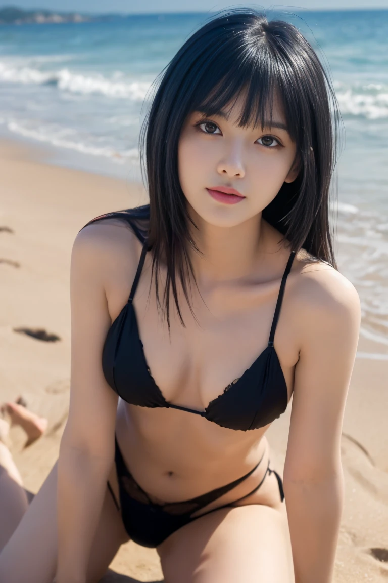 (((masterpiece, highest quality, Super detailed))), 1 female, (((very thin body))) , (((length, thin legs))), (((Black hair straight short, thick and fluffy bangs ))), (((highly detailed face))), cosmetics free, small, thin nose, small thin mouth, (((Very sharp focused eyes))),  Japanese,  beautiful face, (lifelike face),  beautiful hairstyle, realistic eyes, fine and beautiful eyes, beautiful body,(real looking skin), beautiful skin, charm, ultra high resolution, surreal, high detail, golden ratio, elevation angle,(detail makeup:1.2),Off-the-shoulder bikini,(shot from below),spread your legs,model pose,beach at night