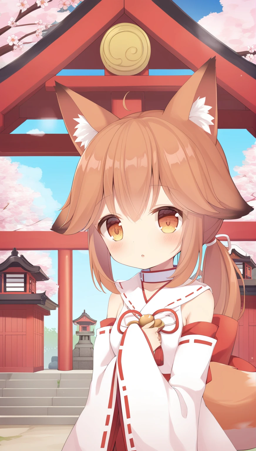 1 girl, , ponytail, brown hair, fox ears, animal ear fluff, Fox Eyes, cherry blossoms, spring,portrait, whole body，shrine，Red and white striped collar，cherry blossoms吹雪，Fluffy，fox tail，Miko costume，odd eye