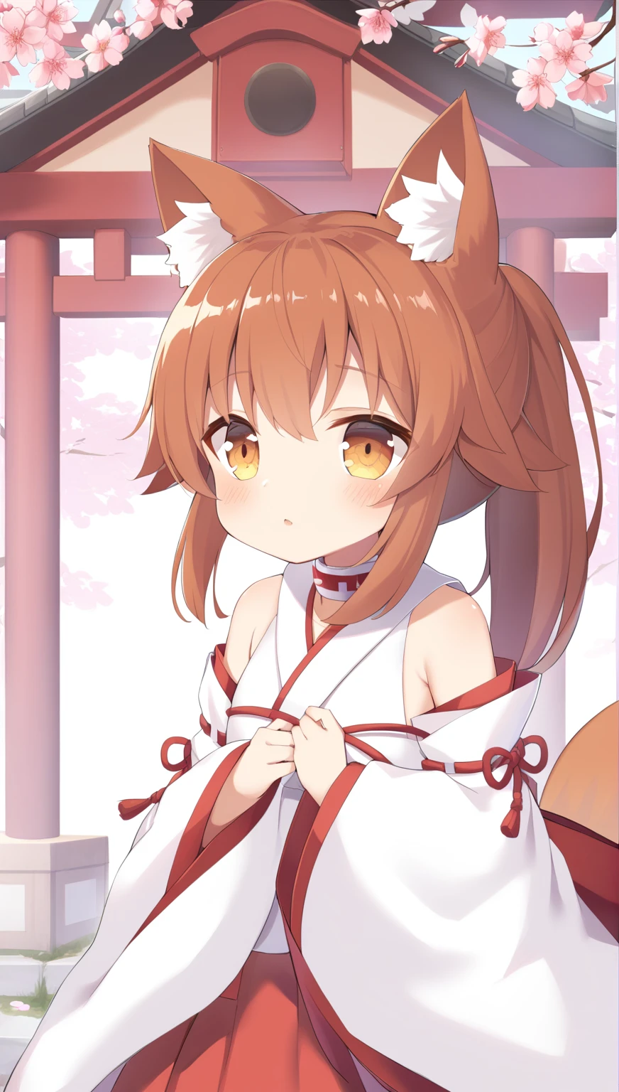 1 girl, , ponytail, brown hair, fox ears, animal ear fluff, Fox Eyes, cherry blossoms, spring,portrait, whole body,shrine,Red and white striped collar,cherry blossoms吹雪,Fluffy,fox tail,Miko costume,odd eye
