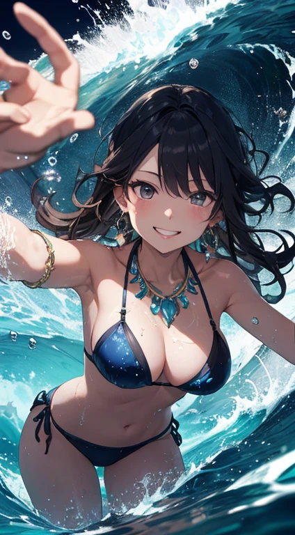 high detail、table top、detailed description、Brilliant、absurd, High resolution, best beautiful girl, (upon:1.2), cowboy shot, (tsunami:1.4),Bright and luxurious bikini, frills, big earrings, gorgeous necklace, Gorgeous bracelets, (Floating water droplets), (splash of water), (water effects:1.2), dynamic pose, dynamic angle, from the front, a shining smile、particles of light、cinematic light and shadow、