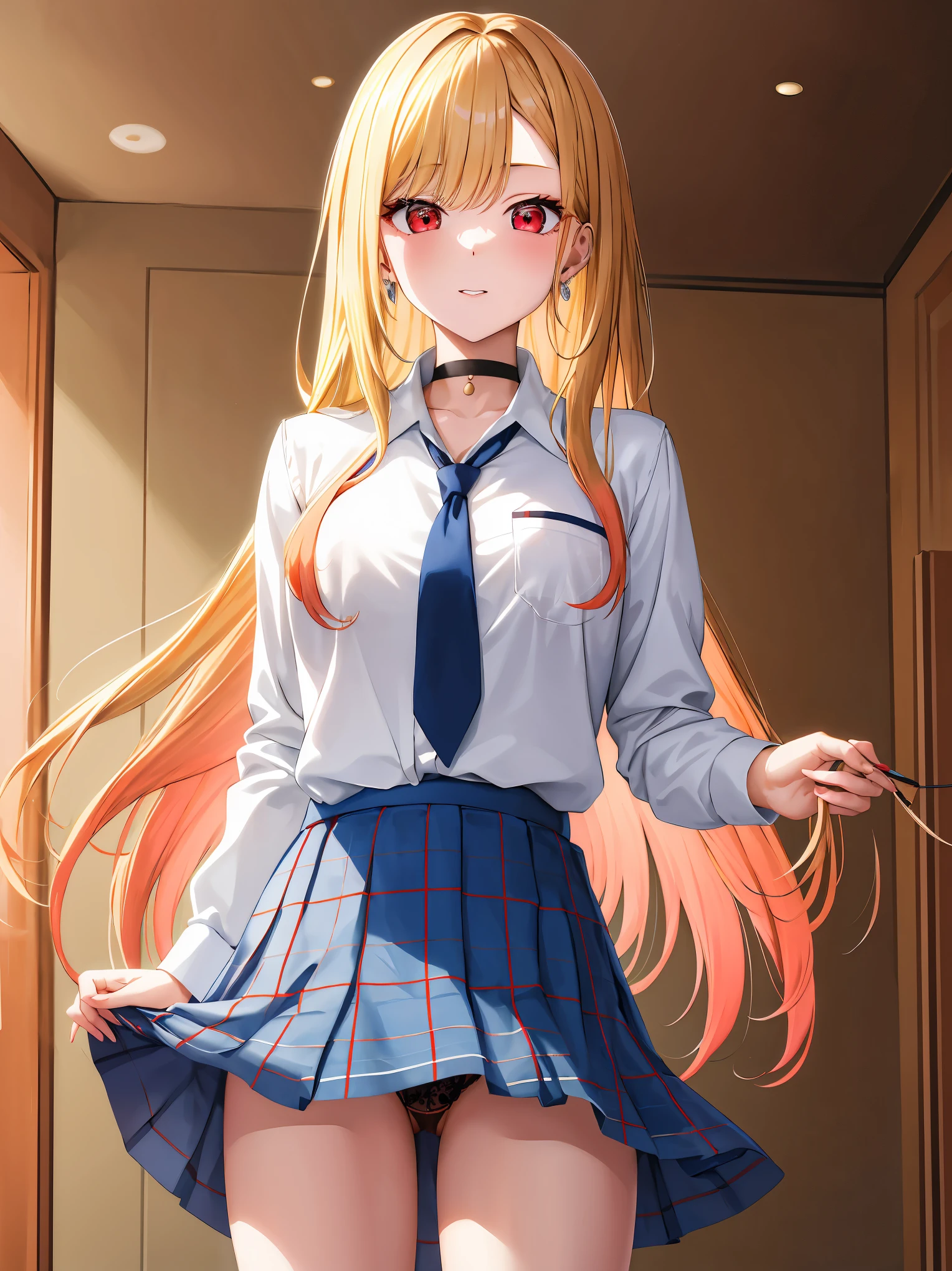 masterpiece, highest quality, High resolution, Kitagawa Marin, 1 girl, blonde hair, long hair, colorful hair, red eyes, jewelry, earrings, earrings, , white shirt, tide shirt, black choker, blue tie, plaid skirt, Are standing, spread your legs,lace underwear, one's home