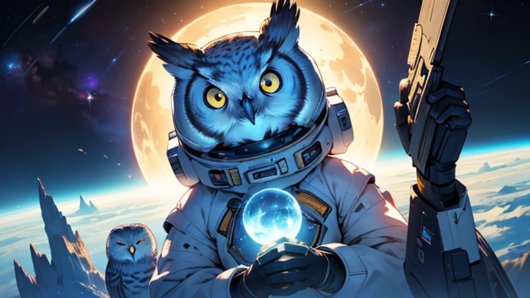 Picture serene and enchanting scenes in the middle of the vast universe... next to the image, bright light, owl in space suit, With gentle eyes and a calm expression, Owls exude calm and wisdom. owl around, planet, Demonstrates the importance of existence for the balance of the universe.. Create a magical and tranquil atmosphere.
