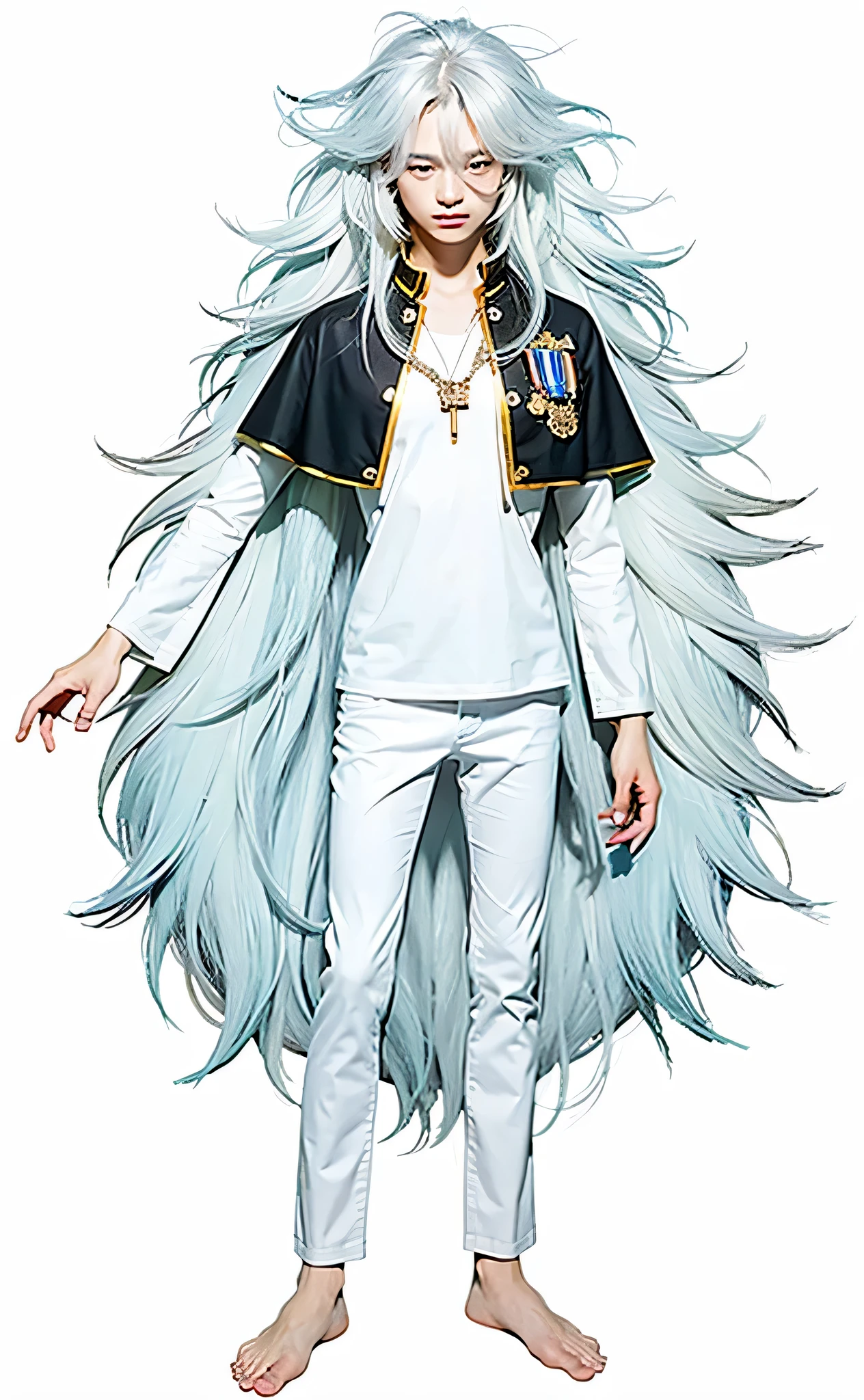 30 year old man, white long sleeve shirt and pants, no shoes, black cape, light blue super long hair, no eyes, eyes not visible, can't see eyes