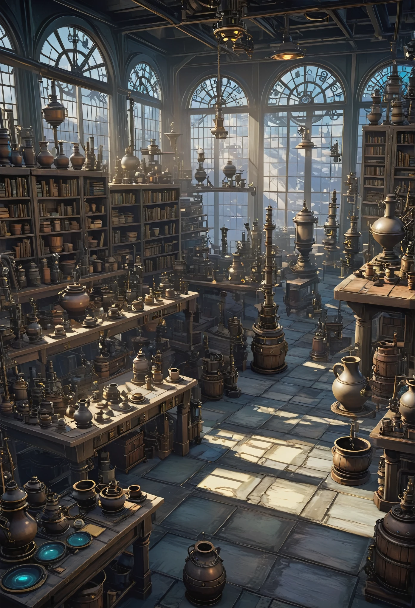 there are many pottery on display in a room with many windows, from the azur lane videogame, in a cluttered lab, in a steampunk laboratory, studio glibly makoto shinkai, fantasy alchemist laboratory, weapon shop interior, alchemist library background, characters from azur lane, nier automata concept art, steampunk factory background