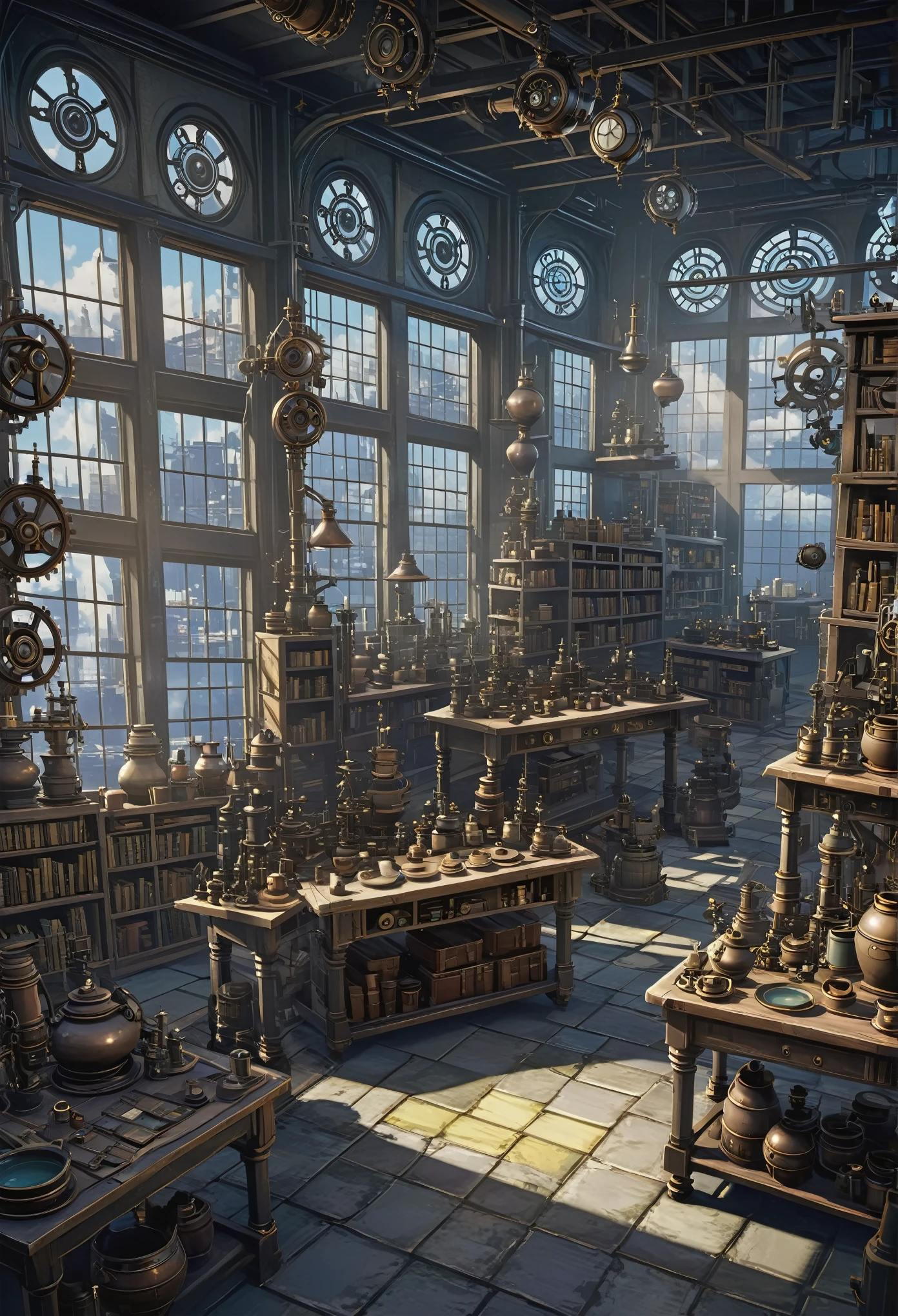 there are many pottery on display in a room with many windows, from the azur lane videogame, in a cluttered lab, in a steampunk laboratory, studio glibly makoto shinkai, fantasy alchemist laboratory, weapon shop interior, alchemist library background, characters from azur lane, nier automata concept art, steampunk factory background