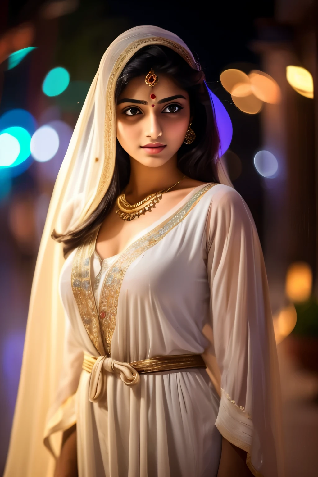 An Indian girl dressed in a Shalwar, an ethereal beauty, attractive feminine form, lovely figure, posing like a professional model, flirty facial expressions, amazingly beautiful, ultra high definition clarity, background bokeh, DSLR shot with a prime lens, romantic lighting
