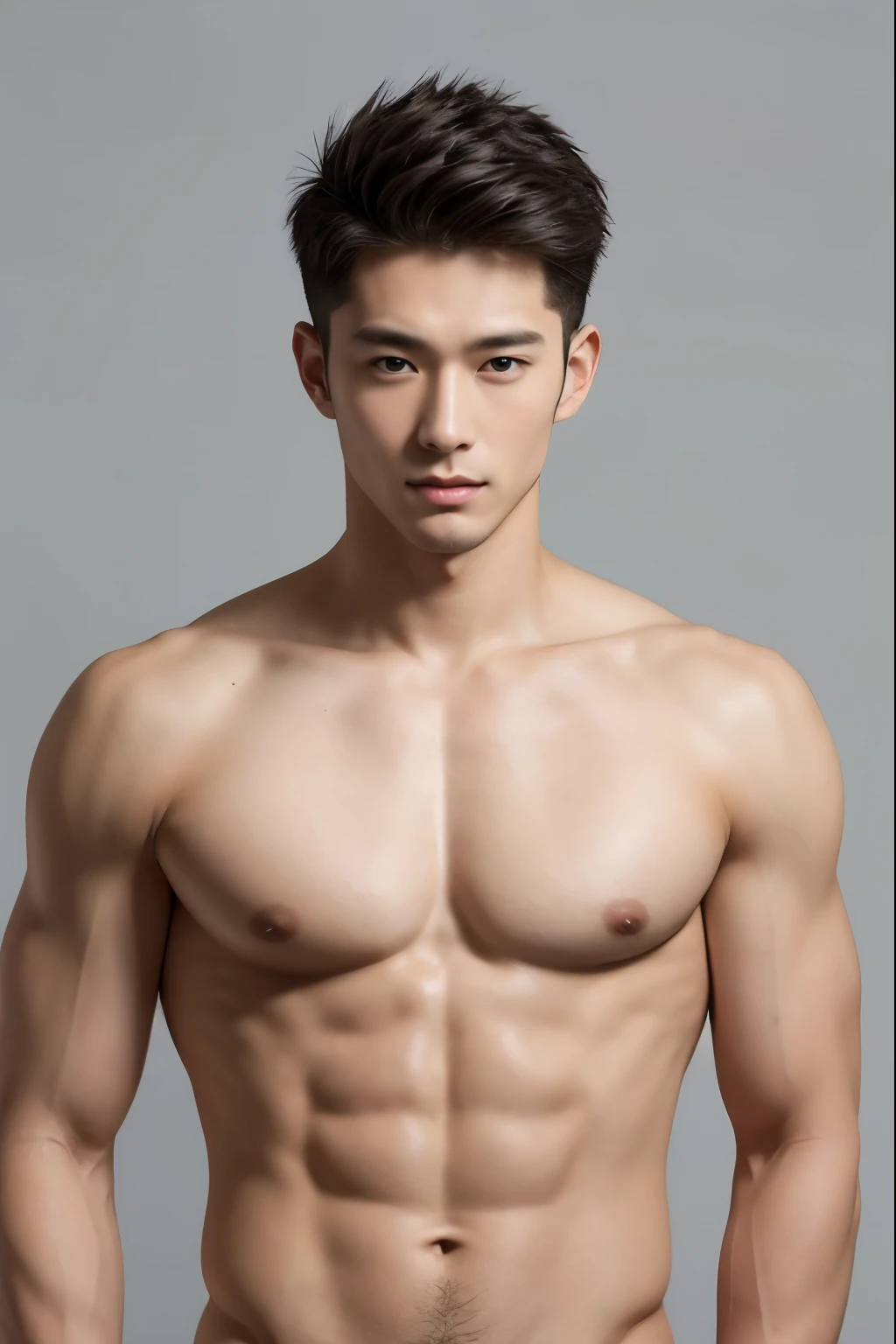 Japanese male model in a briefs, Full Body Shoot, Quiff haircut, look at camera, detailed facial parts, Manly, Charmer, Active Boy, stand in front of gray background, Freestyle Pose, Happy Expression, perfect anatomy, symmetric body, asian boy 19 years old, shirtless :: high detail, asian, a little six packs attractive body, realistic, human skin, Short Hairstyle, handsome chad chin, shirtless, handsome, attractive, masculine, sexually attractive, human skin, (eyes contact), Handsome, Attractive