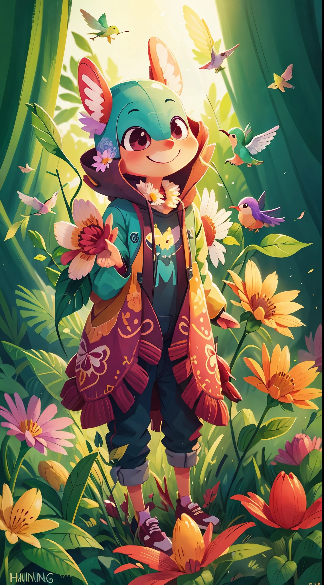 a smiling hummingbird, among various flowers.
