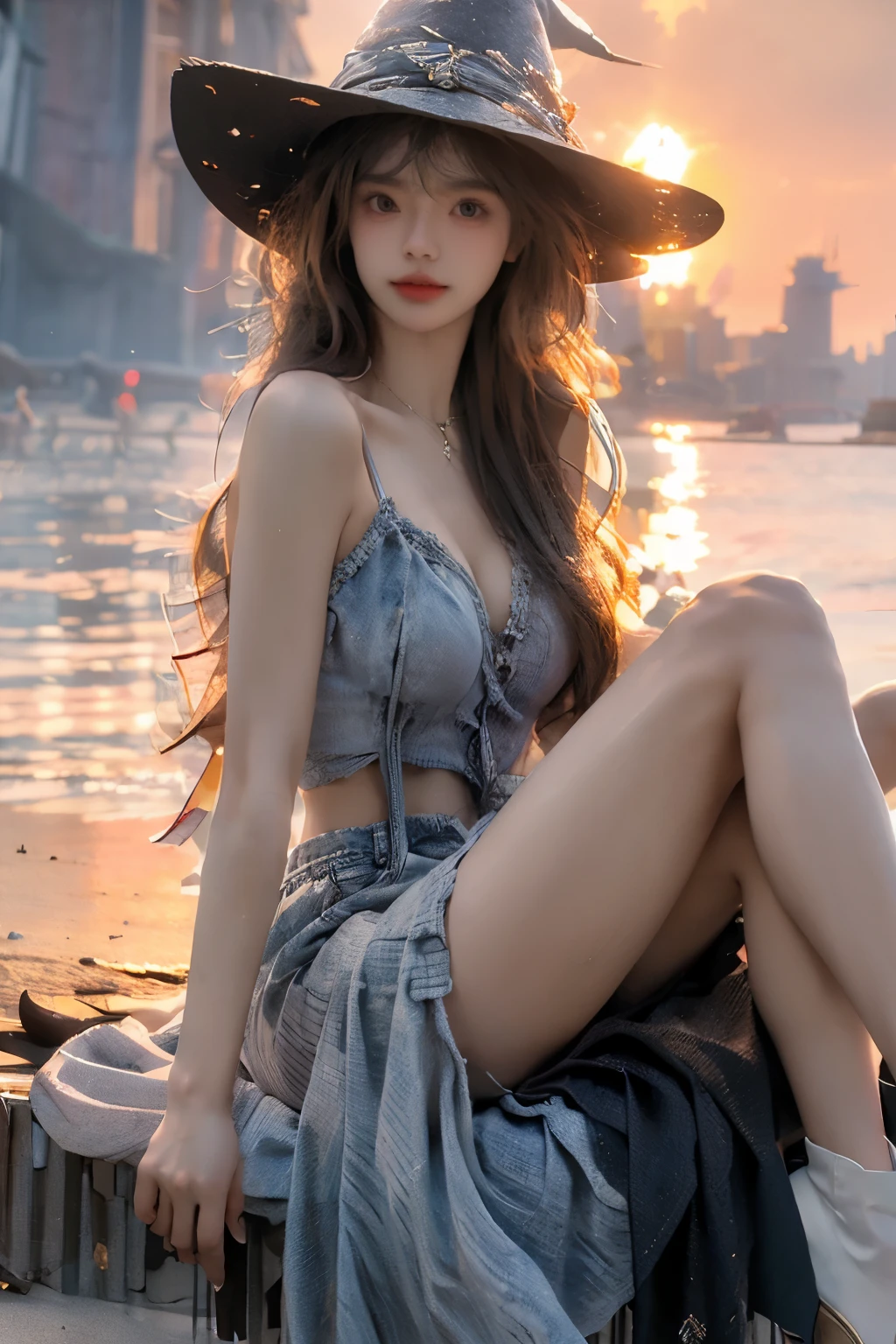 Beautiful woman with perfect body：1.4，layered hairstyle，prominent cleavage：1.5，black miniskirt，Highly detailed facial and skin textures，double eyelids，whiten skin，long hair，Whitened long legs，sitting on the beach