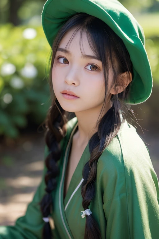 (Cute girl in braids wearing green witch hat), Simple Green Witch Hat, (Simple Green Witch Robe), Play the lute, (masterpiece, side lights, Beautiful Eyes of Details:1.2)、(very intricate:1.3), (Realistic), in woods, masterpiece, portrate, realisitic, shinny skin, Facial light, Shiny face, ( girls), face focus, frontage, Blurry background, Blurred foreground, depth of fields, Motion Blur:1.3, Oversized shirt