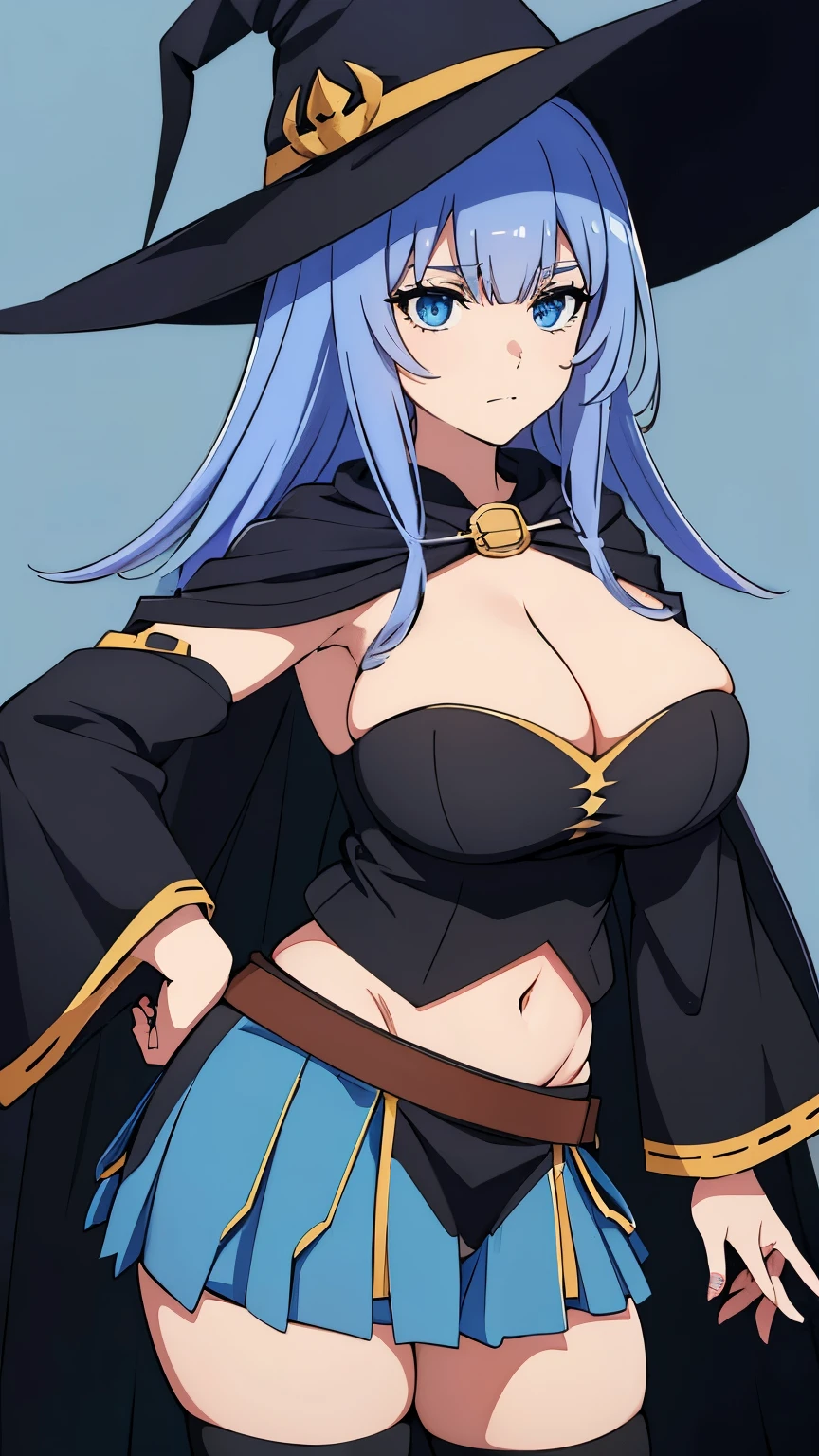 very huge , witch hat, emotionless, uniform, cleavage, crop top outfit, witch hat, cape, blue skirt, black thighhighs, boots, detached sleeves, wide sleeves