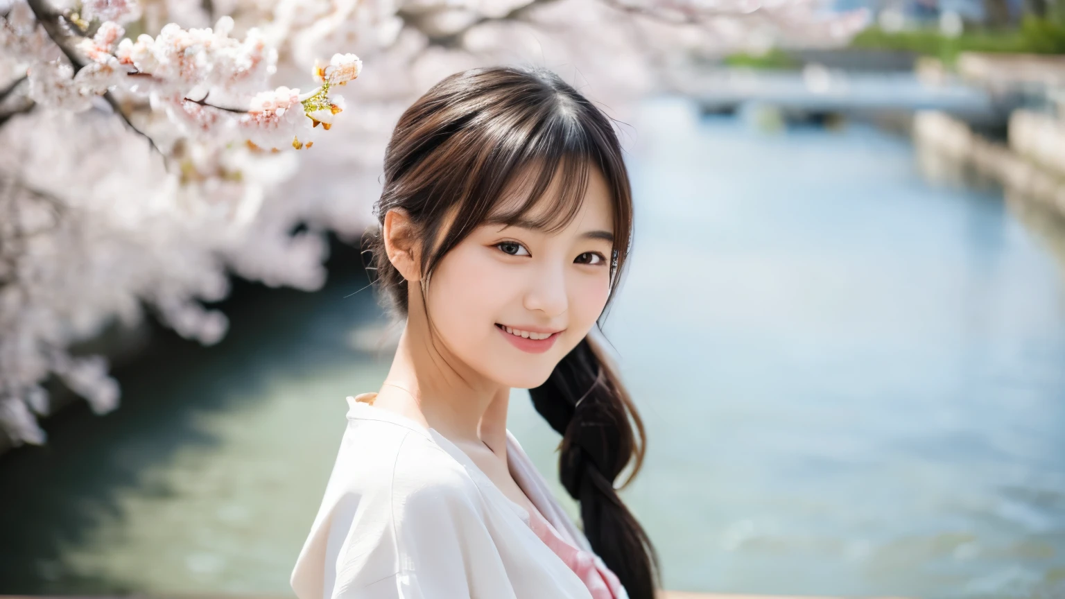 Young Japanese woman, 30s, white background, simple background, ponytail, slender, 4K, 8K medium, high resolution, beautiful woman, beautiful eyes, simple, high resolution, alone, beautiful skin, beautiful skin, smile, walking along a riverside with cherry blossoms in full bloom