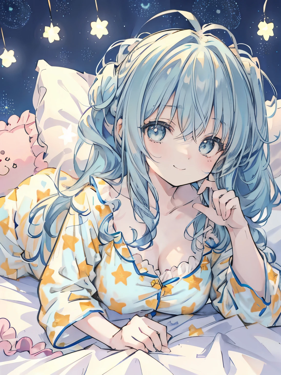 girl,((Light blue and yellow fluffy hair)),((Her hair is half tied up around her temporal lobe.)),((cute pajamas:1.3)),(The fluffy feel of the bed:1.5),((Star background:1.4)),(cute smile:1.3),((Animals around:1.2)),((close up of face:1.2))