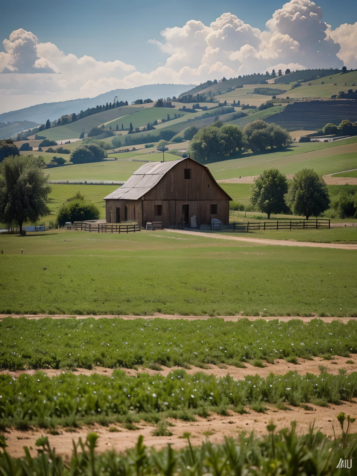photo of a barn in a field in Turkey, view from afar, atmospheric perspective view from afar, UHD, masterpiece, anatomically correct, super detail, high details, high quality, best quality, sunny day