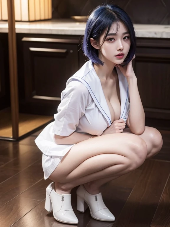girl, high quality, Super detailedな, crazy details, 4k quality (Cinematic digital artwork: 1.3), high quality, table top, 最high qualityの, Super detailed, shape, [4k digital art]、 indosugu nr, (sharp focus: 1.5), (moody lighting:1.2), Depth of written boundary, Bokeh, 4k 、High resolution, Super detailedな, Highly detailed CG Unity 8K wallpaper, realistic, Photoreal, Raw photo, beautiful and detailed face, white skin, realistic glowing skin, detailed hair texture, perfect body, beautiful face, acura, anatomically correct, highly detailed face, eye and skin texture, natural neck length, (beautiful eyes), (beautiful hands), (Glossy skin:1.2)、thin legs, thin legs, knowledgeable person、detailed face、detailed background、 (live action、intricate details)、blue hair、short hair、 night中、night、pink neon、 Dark cold lighting、((big breasts))、(big breasts)、(cleavage)、 Dramatic compensate、compensate、eye make up、eyeliner、eye shadow、Lilac Contact Lenses、 ((wet body))、half body shot、((open your legs wide))、((sailor suit))、((uniform))、(squatting)、(Sonkyo)、Erotic