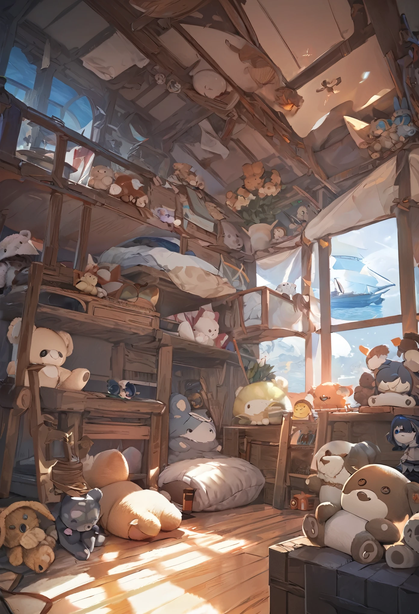 there are many stuffed animals sitting in a room with a ship in the background, trending on artstation pixiv, ships with sails underneath, inspired by Carl Eugen Keel, kawacy, childrens art in artstation, guweiz on pixiv artstation, from the azur lane videogame, final fantasy artwork concept, lan mcque,