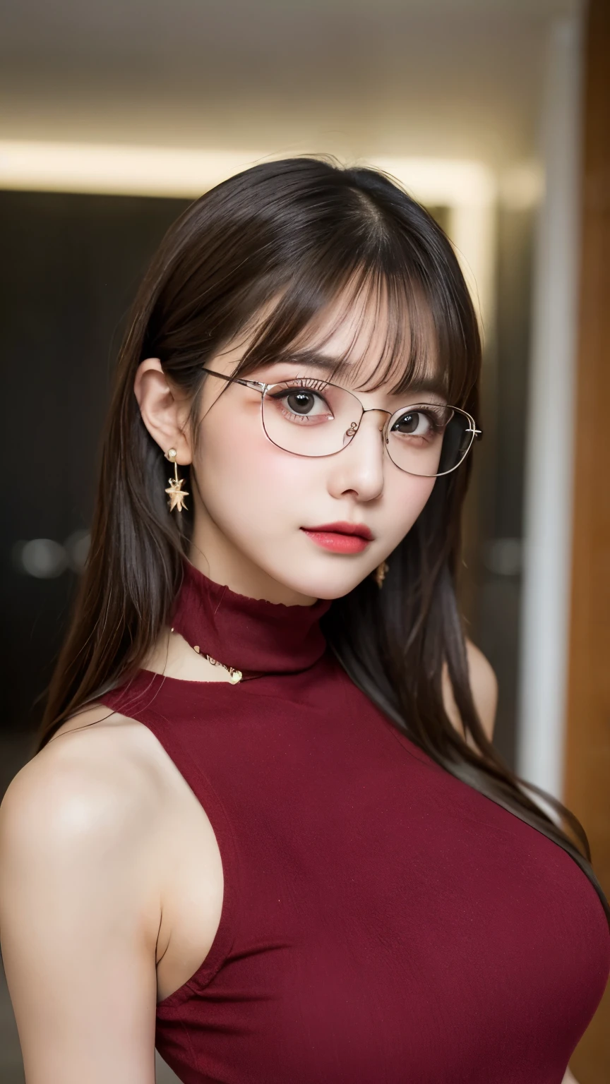 (masterpiece, highest quality, highest quality, )(8K,real photo,Raw photo)detailed face,detailed eyes,cute face,gal makeup,((glasses)),random hairstyle,sexy pose,sexy outfit,big breasts,Upper body,looking at the camera