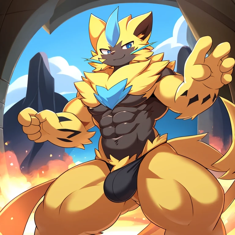 zeraora, wearing a tiny black thong, bulge, standing, smile, male, muscular