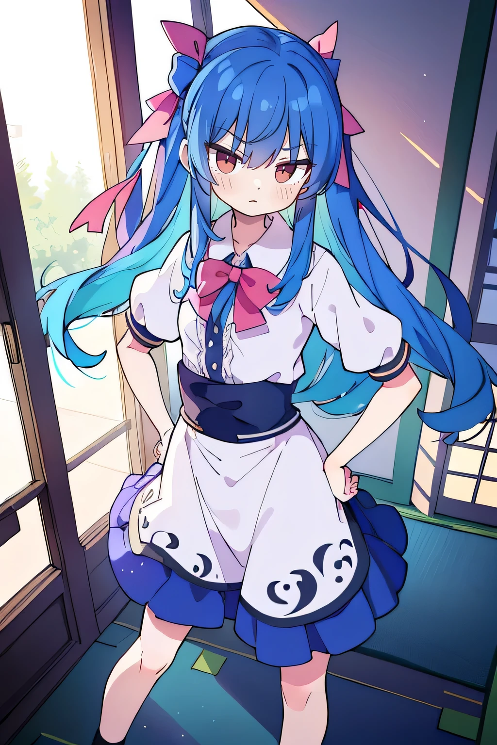 (masterpiece),best quality, expressive eyes, perfect face, 1girl,
Put your hands on your waist,fair, Gorgeous,Japanese cartoons,girl,lola,Hina Angel, blue hair, blue haired, floating clothes,Grab your waist, Grab your waist, hands on hips , hands on hips,sit, sit on ground, Legs on the ground, flat chest