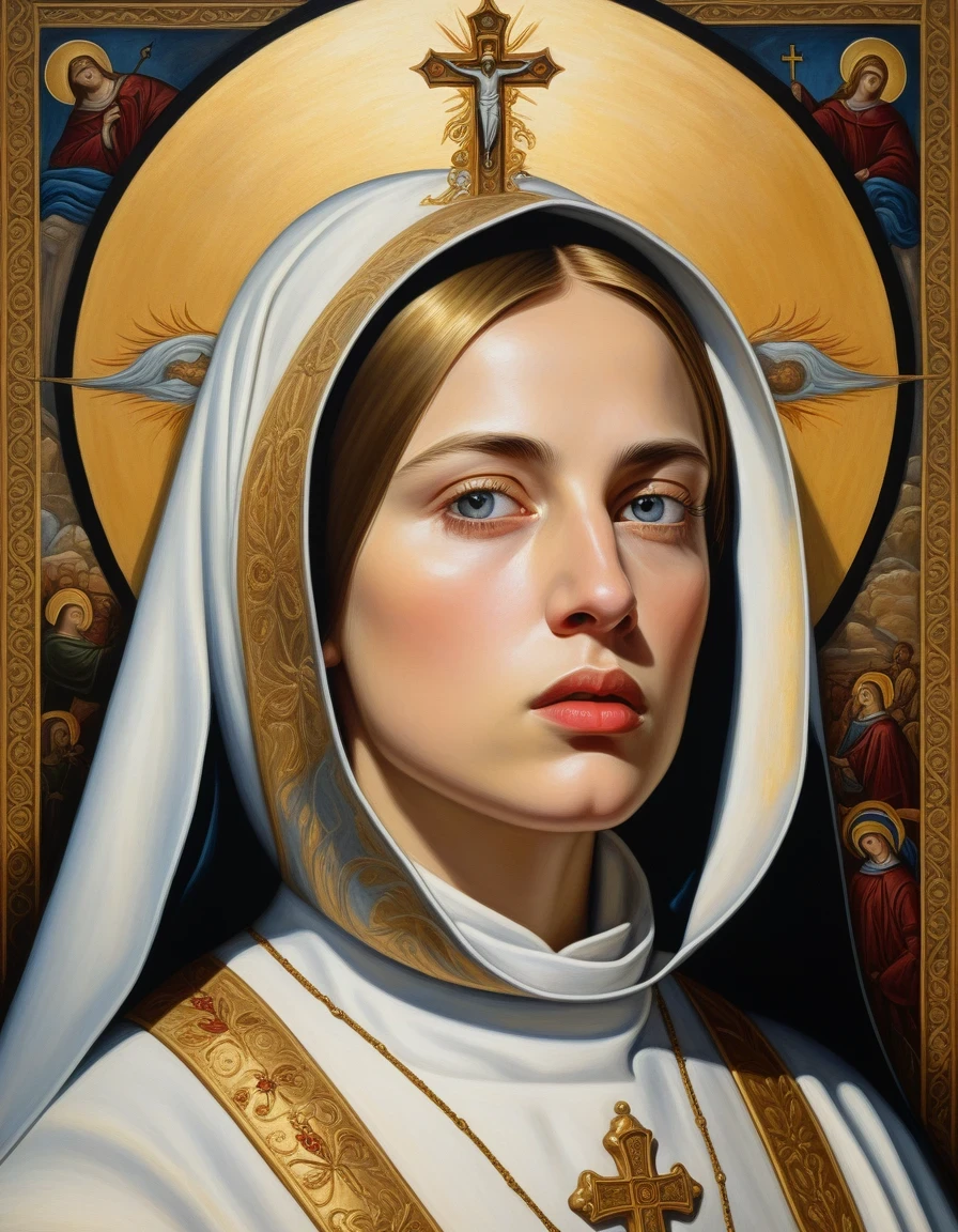 Stable Diffusion prompt:
Joan of Arc martyrdom, nun, oil painting, detailed portrait, detailed eyes, detailed lips, extremely detailed face, long eyelashes, religious symbolism, dramatic lighting, historical accuracy, best quality, highres:1.2, portraits, vivid colors, tranquil background, contemplative expression, mystical aura, golden halo, soft brush strokes, atmospheric perspective, finely textured fabric, religious devotion, sacred atmosphere, ethereal beauty, divine inspiration, Renaissance style, religious icon, holy enlightenment, peaceful ambiance, quiet solitude.