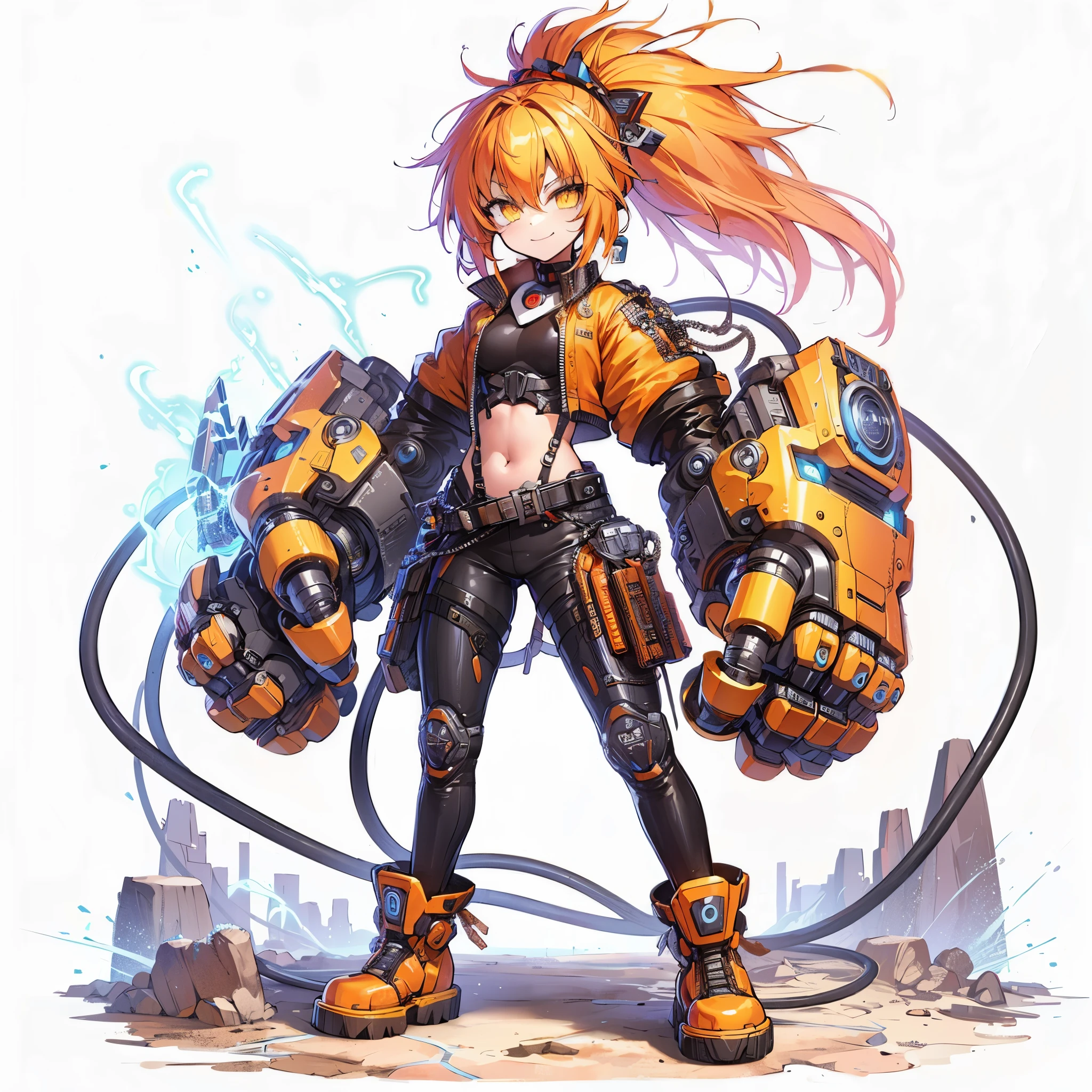 (masterpiece, best quality), ultra detailed, anime style, full body, solo, cute cyberpunk KARATE girl, orange hair and yellow eyes, cyberpunk body-fit outfit, hi-tech HUGE GIANT gauntlets, Lightning and thunder in the air, hi-tech boots, standing in wasteland, digital painting, 8K high resolution, art station trend, white background, whole body,  grinning face
