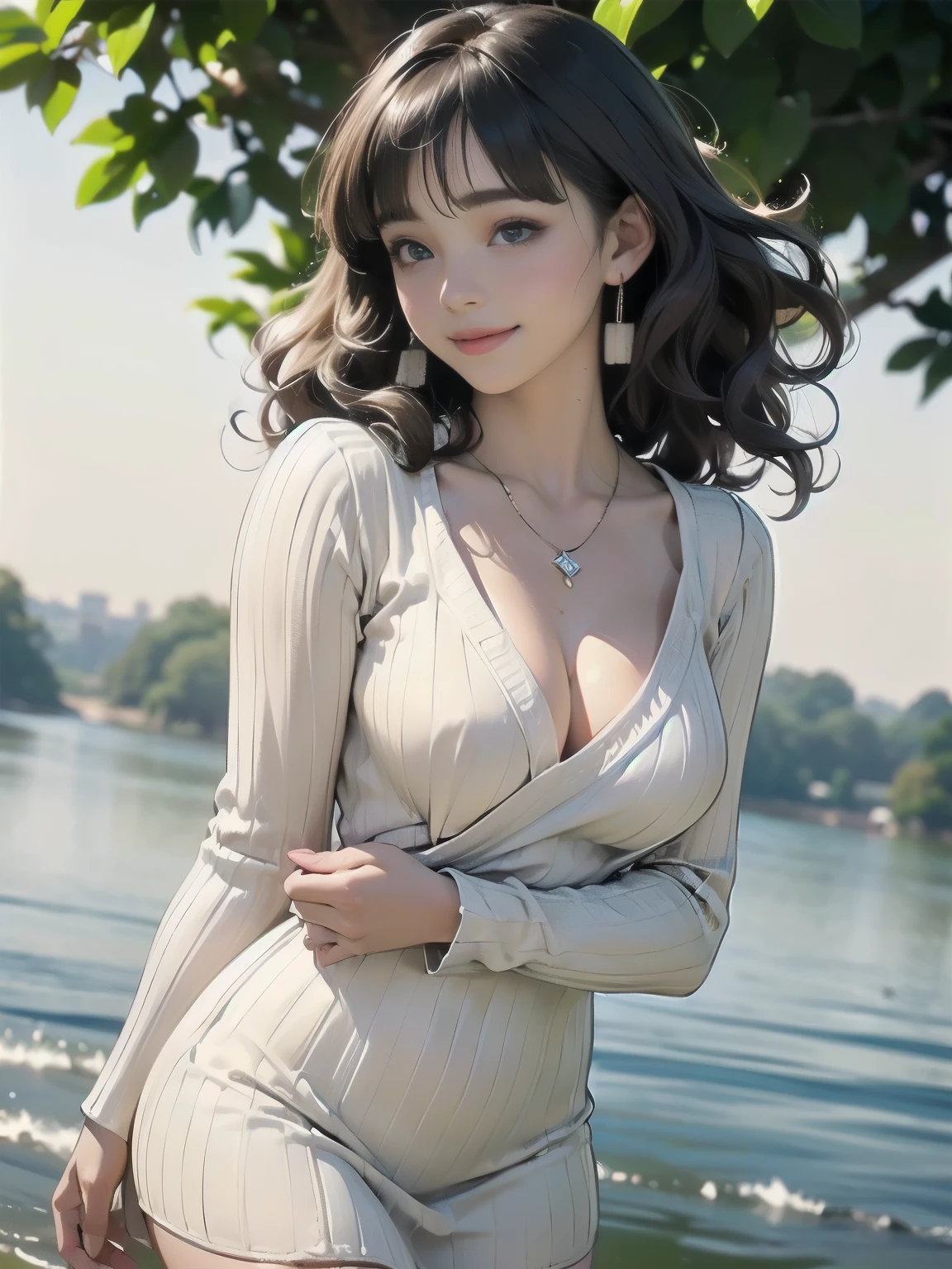 ((((highest quality))))、(((Ultra-precision CG16K wallpaper)))、(((masterpiece)))、(((Super detailed)))、(((super extreme details)))、((1people's women:1.5))、Mature 24 year old woman、((Japanese face))、((very beautiful face))、((Mai Shiraishi:1.5))、((Soft wave semi-long hair、blunt bangs:1.5))、(shiny brown hair)、beautiful delicate eyes、brown eyes、raised eyebrows、high nose、small nostrils、small mouth、seductive lips、beautiful breasts、((C cup size breasts))、cleavage、plump body、perfect proportions、perfect anatomy、perfect composition、beautiful detailed shading、beautiful natural lighting、beautiful detail glow、Depth of the bounds written、(((High chroma)))、(((real:1.9)))、((vivid:1.5))、((edge:1.6))、((beautiful skin))、((skin texture))、((realな皮膚感))、(((thigh-high cowboy shot:1.8)))、((Front view、Low - Angle:1.8))、((shy smile:1.5))、(Eyes looking at me:1.5)、Bright daylight、Natural light、(((Outdoor Lakeside:1.5)))、(standing pose:1.5)、(((Ivory cream V-neck ribbed knit mini dress:1.6)))、((earrings、wearing necklace:1.3))、