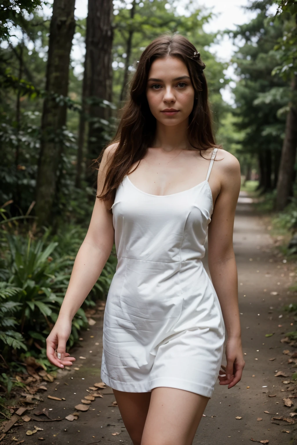((Best quality)), ((Meisterwerk)), (detailliert), perfektes Gesicht, European Young Woman, dunkle Haare, walks through the forest in a white dress, aus kurzer und mittlerer Distanz aufgenommen