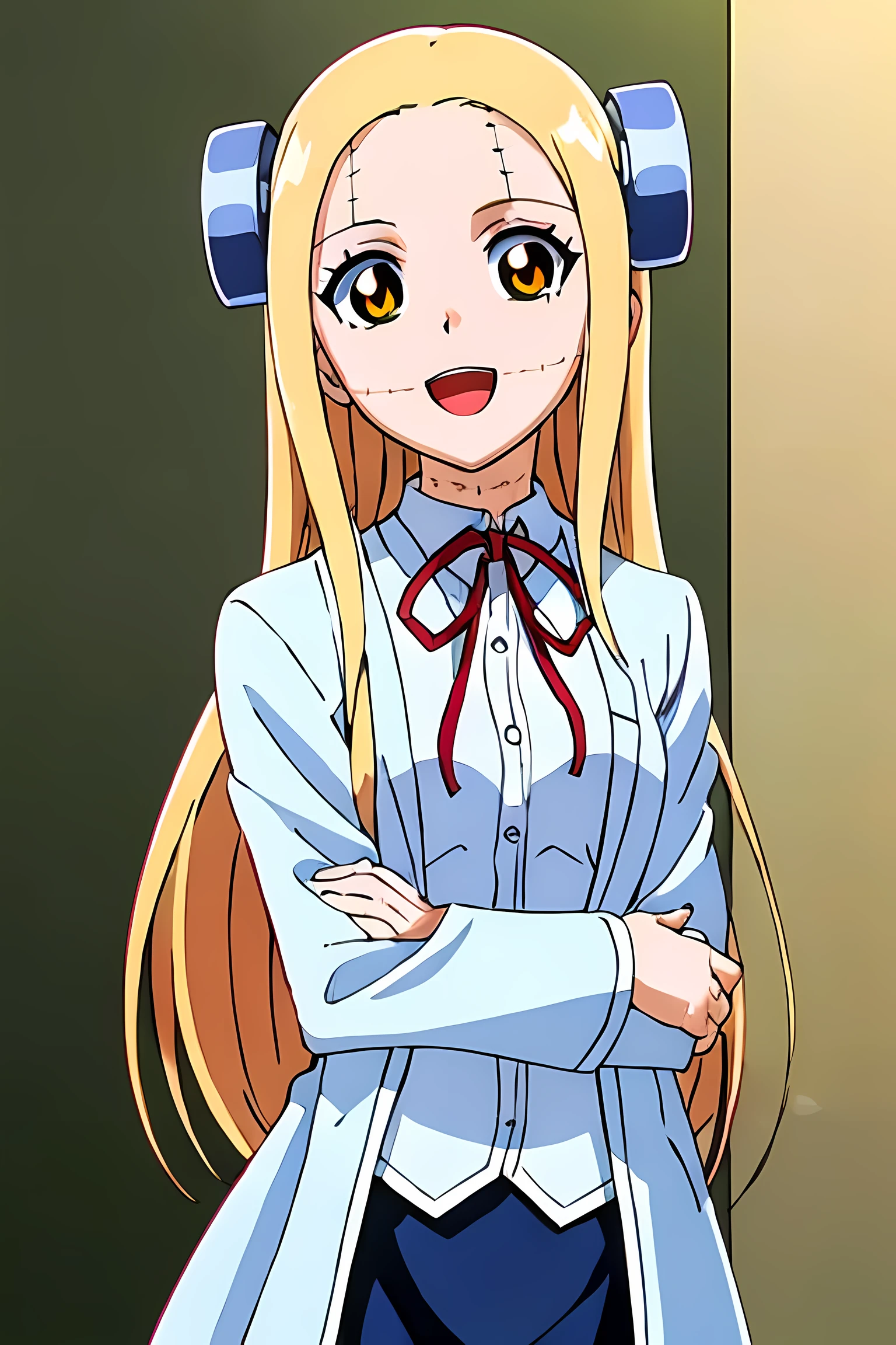 (highest quality:1.3),(ultra-become familiar with:1.5),High resolution,extremely become familiar with CG,unity 8k wallpaper,official art,become familiar with,super become familiar with skin,perfect anatomy,beautiful become familiar with eyes,(anime screenshot:1.11),very delicate and beautiful,(90s anime,90s anime style,cel shaded anime:1.17),1 girl,anmnr,
((madaraki_fran:1.52)),Light blonde long hair,brown eyes,((((wearing a white coat)))),stitch,body scars,Creepy look,open mouth smile,Drooping eyes,