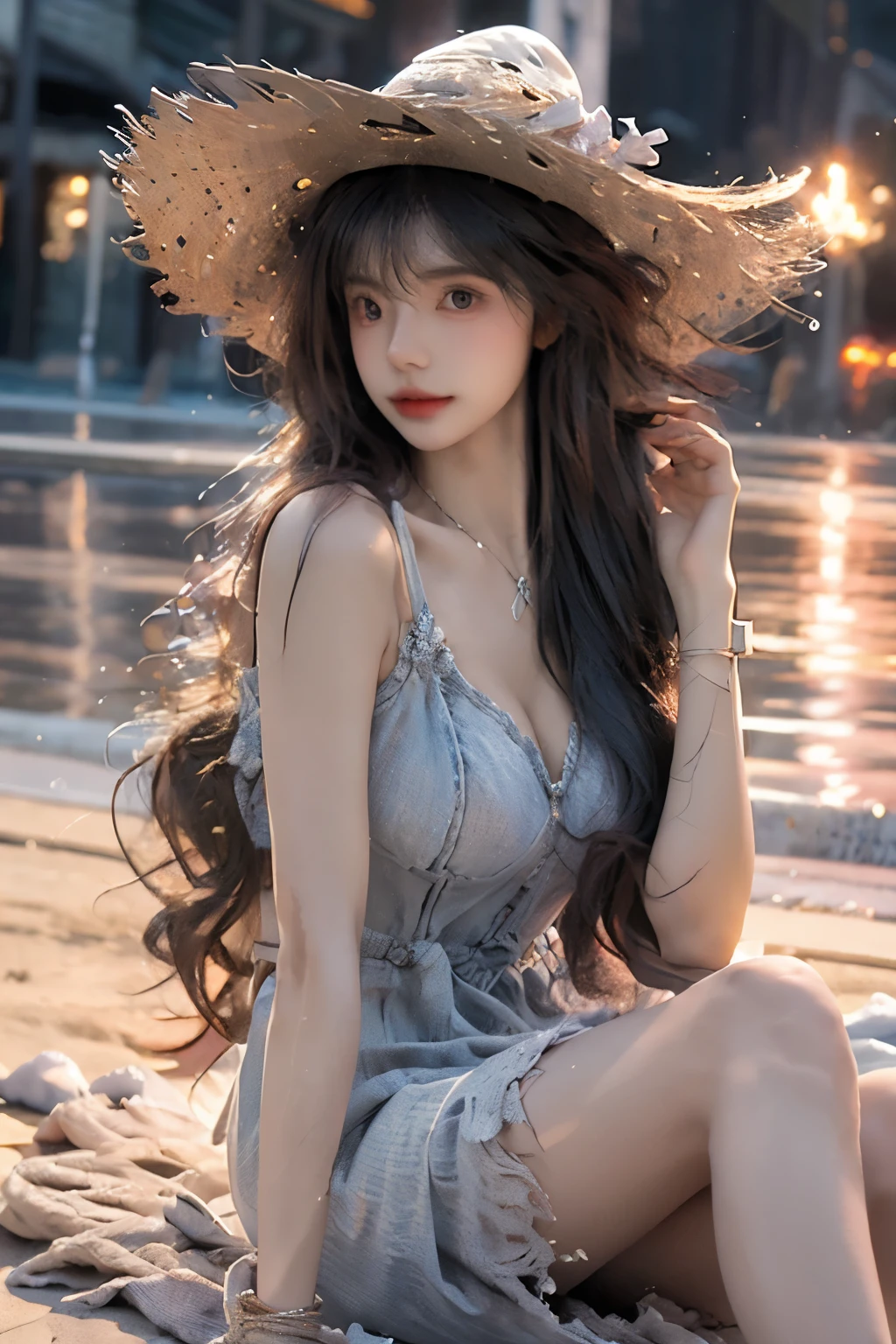 Beautiful woman with perfect body：1.4，layered hairstyle，prominent cleavage：1.5，black miniskirt，Highly detailed facial and skin textures，double eyelids，whiten skin，long hair，Whitened long legs，sitting on the beach