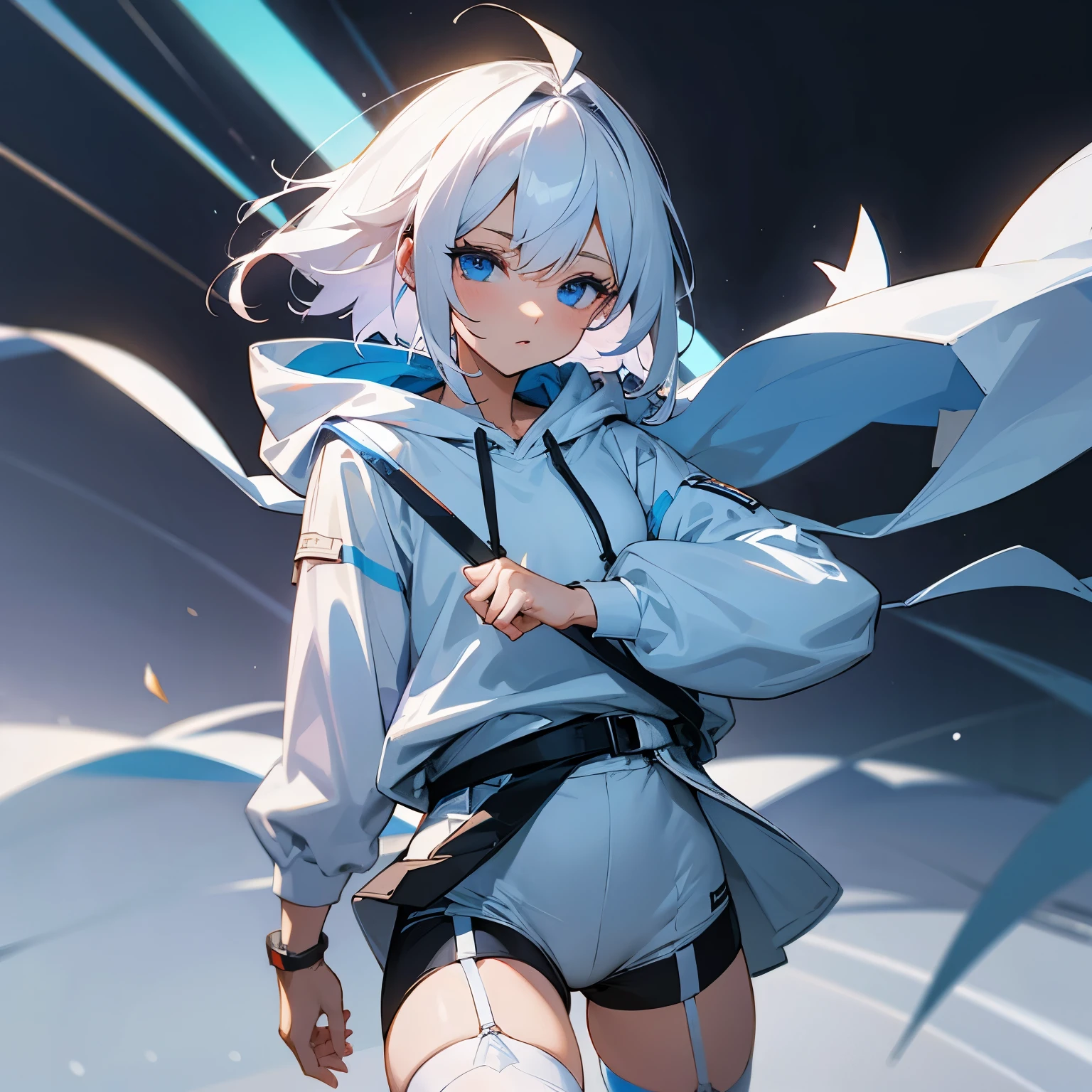 White hair and blue eyes neutral face white hoodie black shorts white tights garter belt