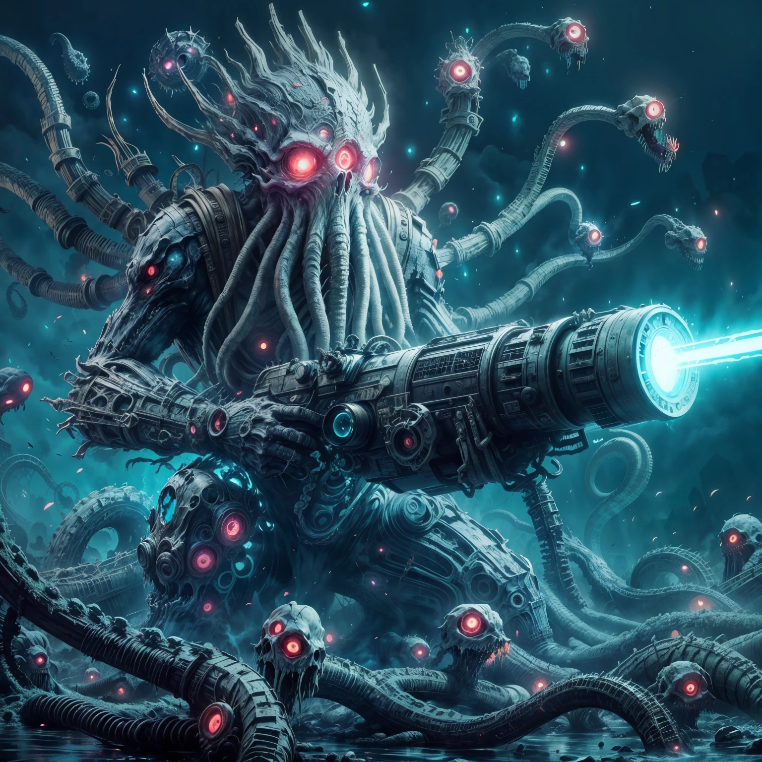 resident evil,dark soul boss, bloodborne,Lovecraftian Evil, monster, fantasy, dark, smoky, many eyes, many tentacle, Cloud-like, floating, realistic, That's horrible, otherworldly, Destructive, pitch black, He has a railgun made of bones., Bloodstained,Many mouths, Many arms,tentacle, A cursed human soul with a hopeless face,Into the river,Lovecraftian horror milieu, Ted Mist