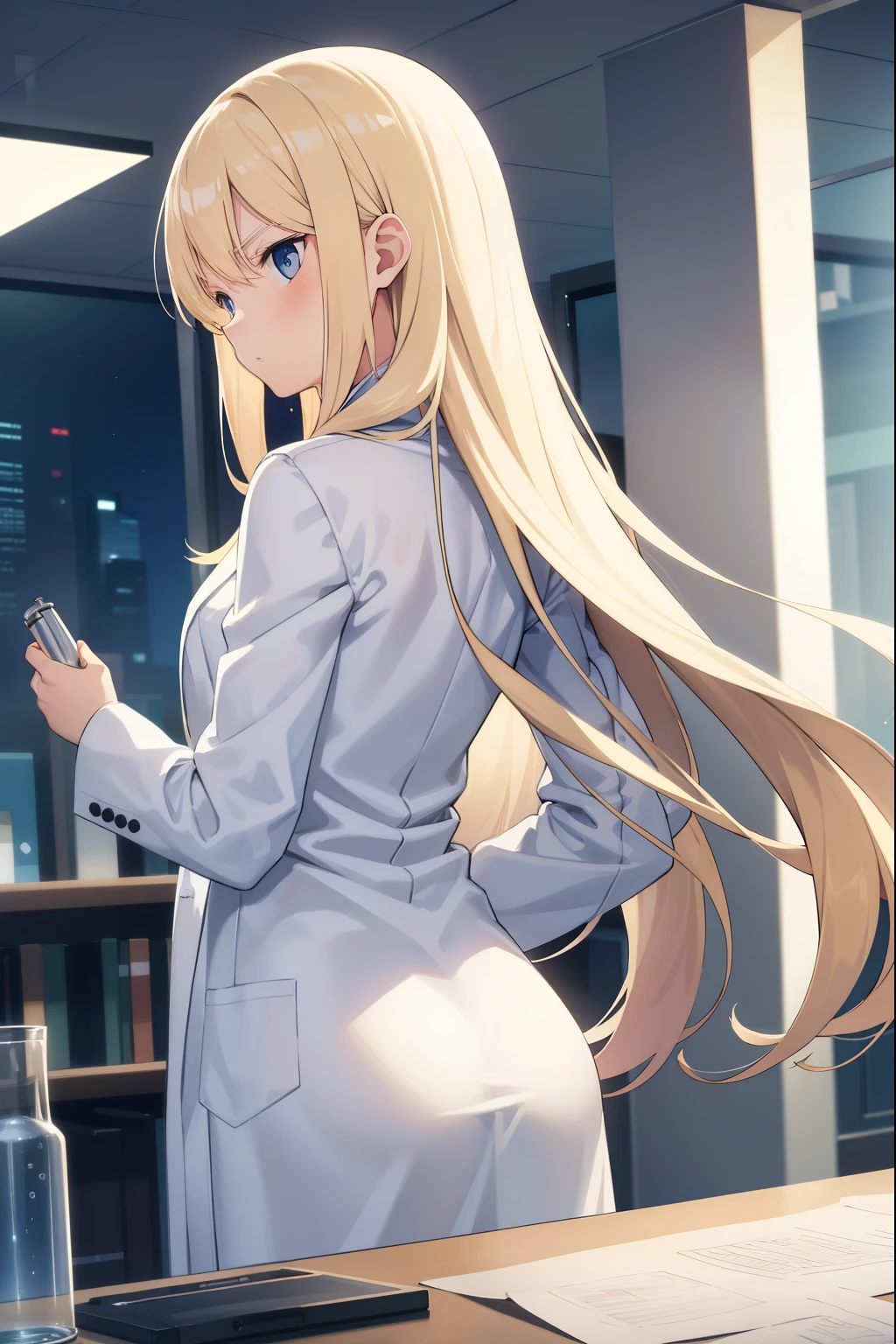 Science Lab,scientist,white clothes,1 girl,blonde,long hair,blue eyes,serious face,Flask on the desk,night,back view