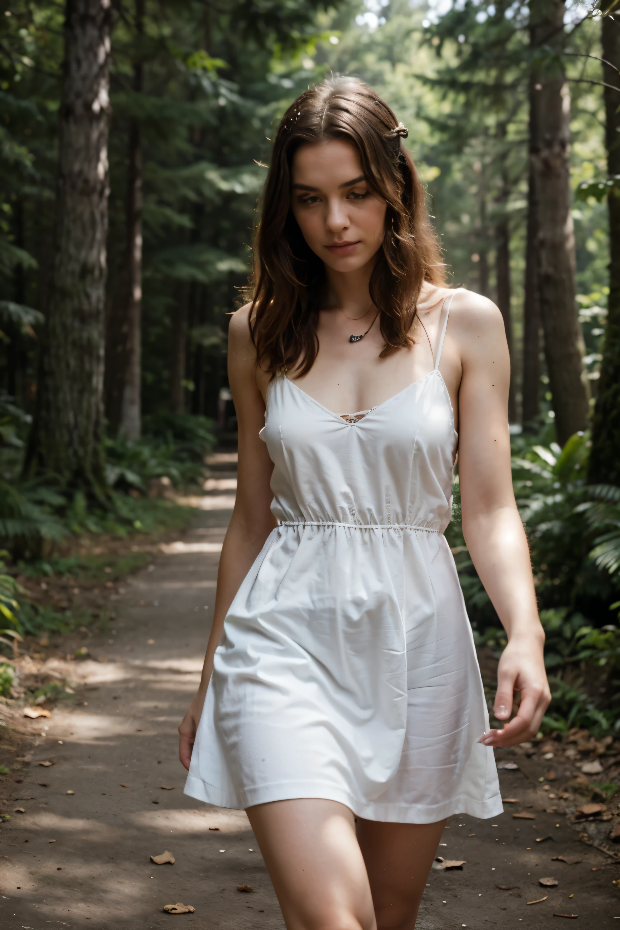 ((Best quality)), ((Meisterwerk)), (detailliert), perfektes Gesicht, European Young Woman, dunkle Haare, walks through the forest in a white dress, aus kurzer und mittlerer Distanz aufgenommen