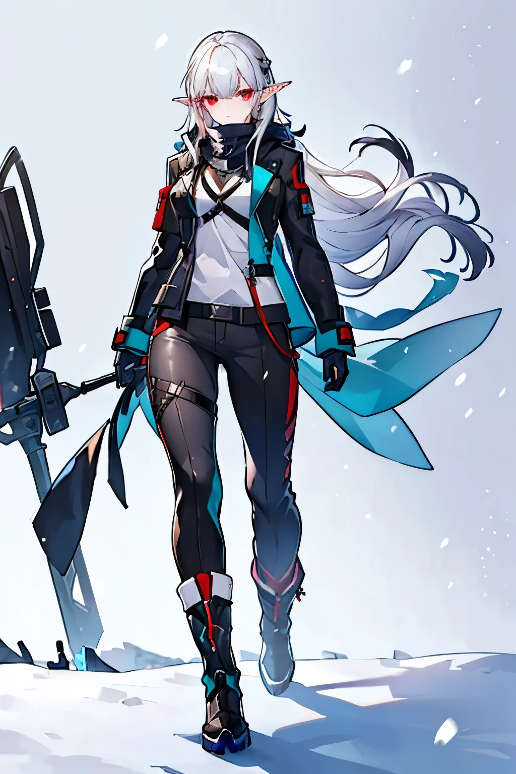 (masterpiece), best quality, expressive eyes, perfect face, sharp eyes, 1girl, solo, medium height, young adult, young woman, big , (long hair, white hair, side locks, bangs, wavy hair), (red eyes, death glare, serious, menacing, leadership aura, glowing eye), average height, medium height, black boots, furry boots, (black pants, snow pants, baggy pants, big pants), (winter goggles, scarf, rhodes island outfit, turquoise scarf), (black scarf, grey undershirt, winter jacket, jacket, winter wear, accessories, big jacket, semi modern, fluffy jacket, hood, winter wear, cyan trims), brown boots, vintage styled outfits, white middle, white ribbon, (big bust, beautiful young woman, pretty girl, pointed ears, elf ears, pointed ear, bangs), (thick thighs, sexy, winter snow goggles, snow goggles)