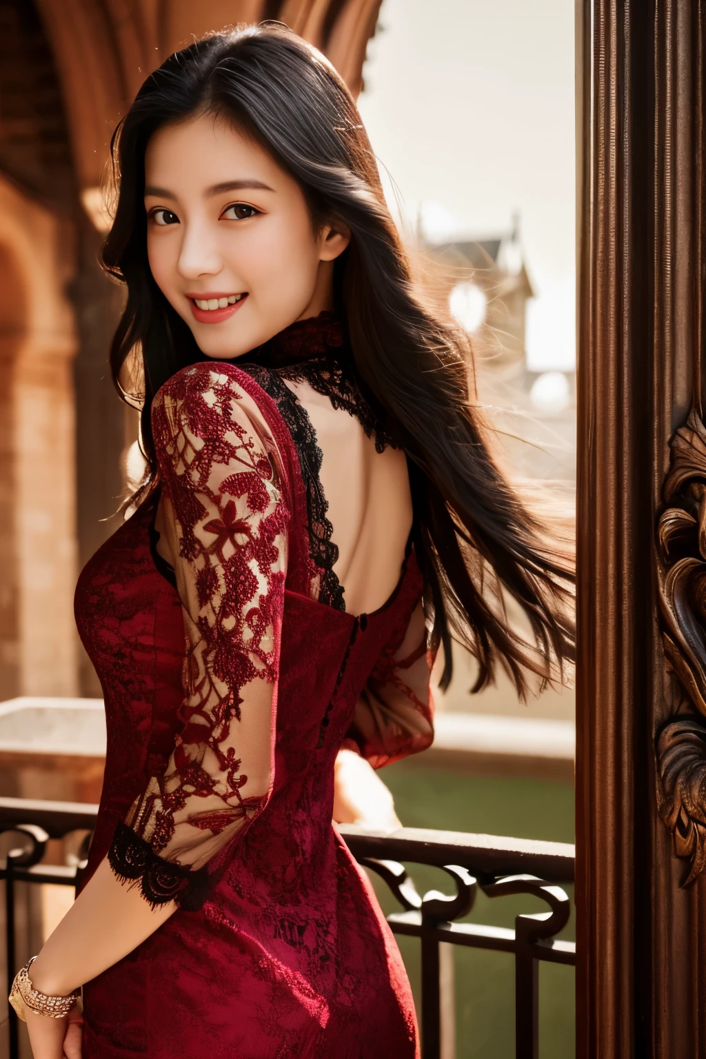 highest quality、masterpiece、ultra high resolution、actual、1 girl、Glossy skin、((surreal details))、global photo、8K、very intricate details、shining eyes、black straight hair、slender body、plump breasts、high key、Pure erotic face ace_V1、laughter、elegant pose、red lace dress、Beautiful woman standing on the balcony of the castle