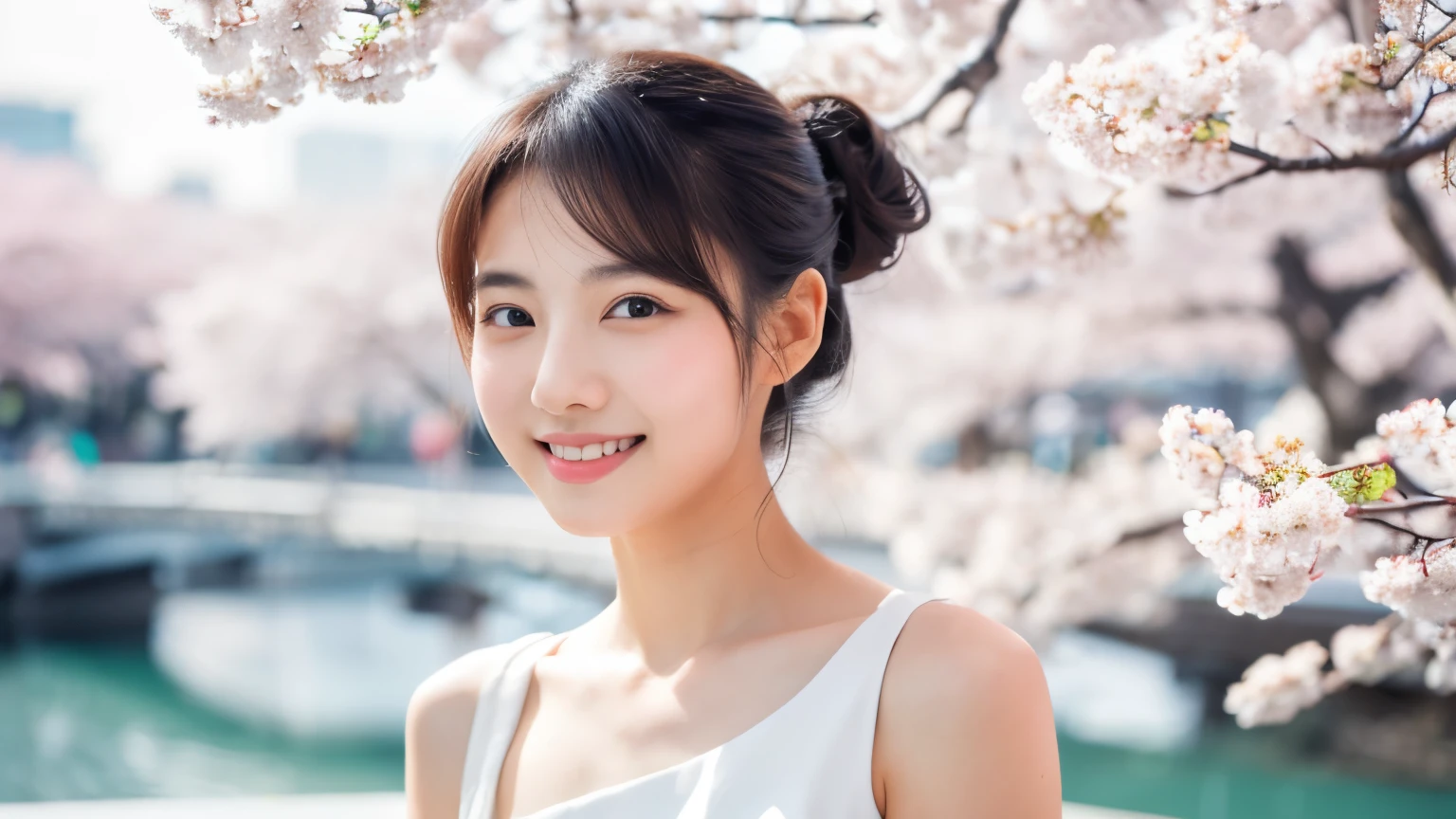 Young Japanese woman, 30s, white background, simple background, ponytail, slender, 4K, 8K medium, high resolution, beautiful woman, beautiful eyes, simple, high resolution, alone, beautiful skin, beautiful skin, smile, cityscape in full bloom Cherry blossoms