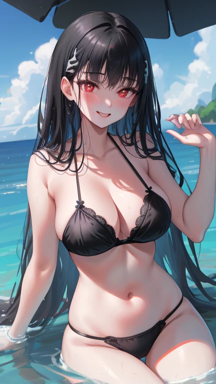 (highest quality, masterpiece, Super detailed, perfect pixel, 4k wallpaper, HDR, UHD), rio（blue archive), sexy and excited, Cleavage is fascinating, big breasts, long hair, beautiful breasts, cropped shoulder, half of body is in water, arm behind head, Raise the hand, invisible hand，dull bangs, bikini, blue sky, cleavage，(Wet and sheer black bra), (Wet and sheer black panties)，fascinating, smile, opened mouth, alone, blush, throw, from below, 軽いsmile, black hair, red eyes, bikini, Huge 