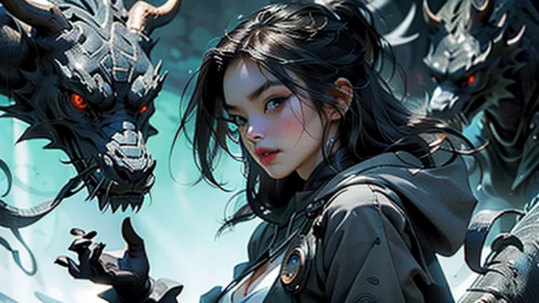 1 female, japanese woman, 26 years old, focus only, long black hair, fashion hair, blue eyes, medium breasts, cleavage, fit the body, Dark cloak with hood, Magic Pose, masterpiece, ultra hd, RAW photo, fine skin texture, detailed face, fine hair, detailed necklace, perfect hands, dynamic angle,