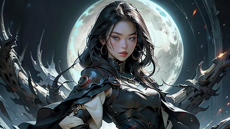 1 female, japanese woman, 26 years old, focus only, long black hair, fashion hair, blue eyes, medium breasts, cleavage, fit the body, Dark cloak with hood, Magic Pose, masterpiece, ultra hd, RAW photo, fine skin texture, detailed face, fine hair, detailed necklace, perfect hands, dynamic angle,