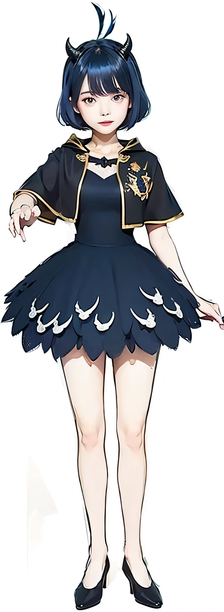 30 year old woman, cute face, dark blue hair with black devil horns, dark blue feather like dress, dark blue pumps, black cape, clear face